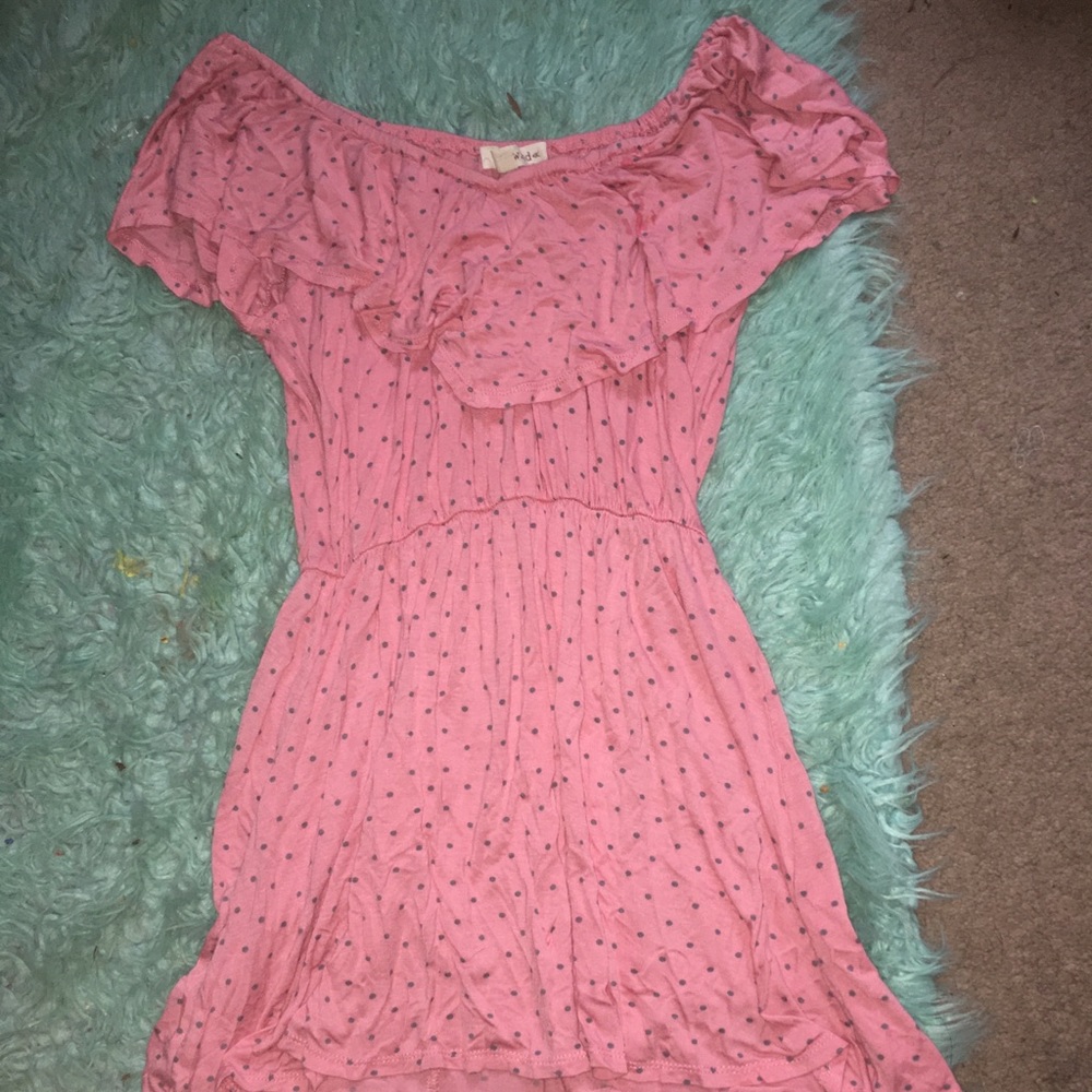 stretchy polka dot with frilly on shoulder